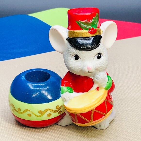 Vintage 90s HOLIDAY FRIENDS Mouse Drummer Candleholder Bisque Figurine - Picture 2 of 11